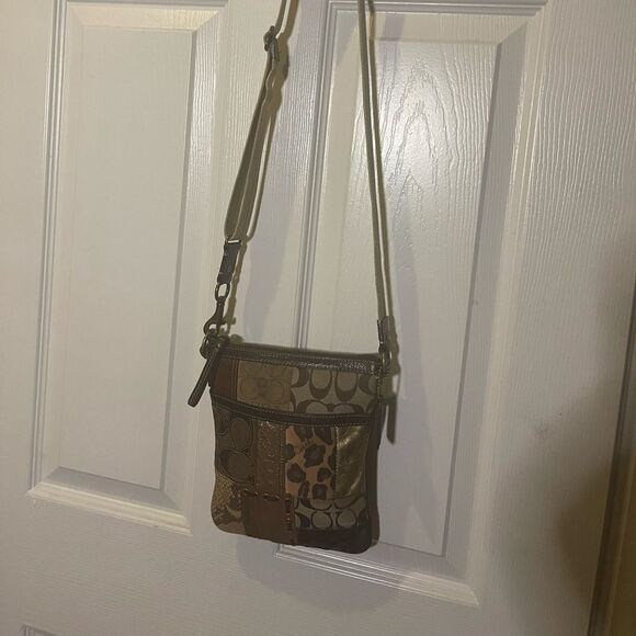 COACH Brown/Gold Metallic Signature Patchwork crossbody bag. - Picture 1 of 15